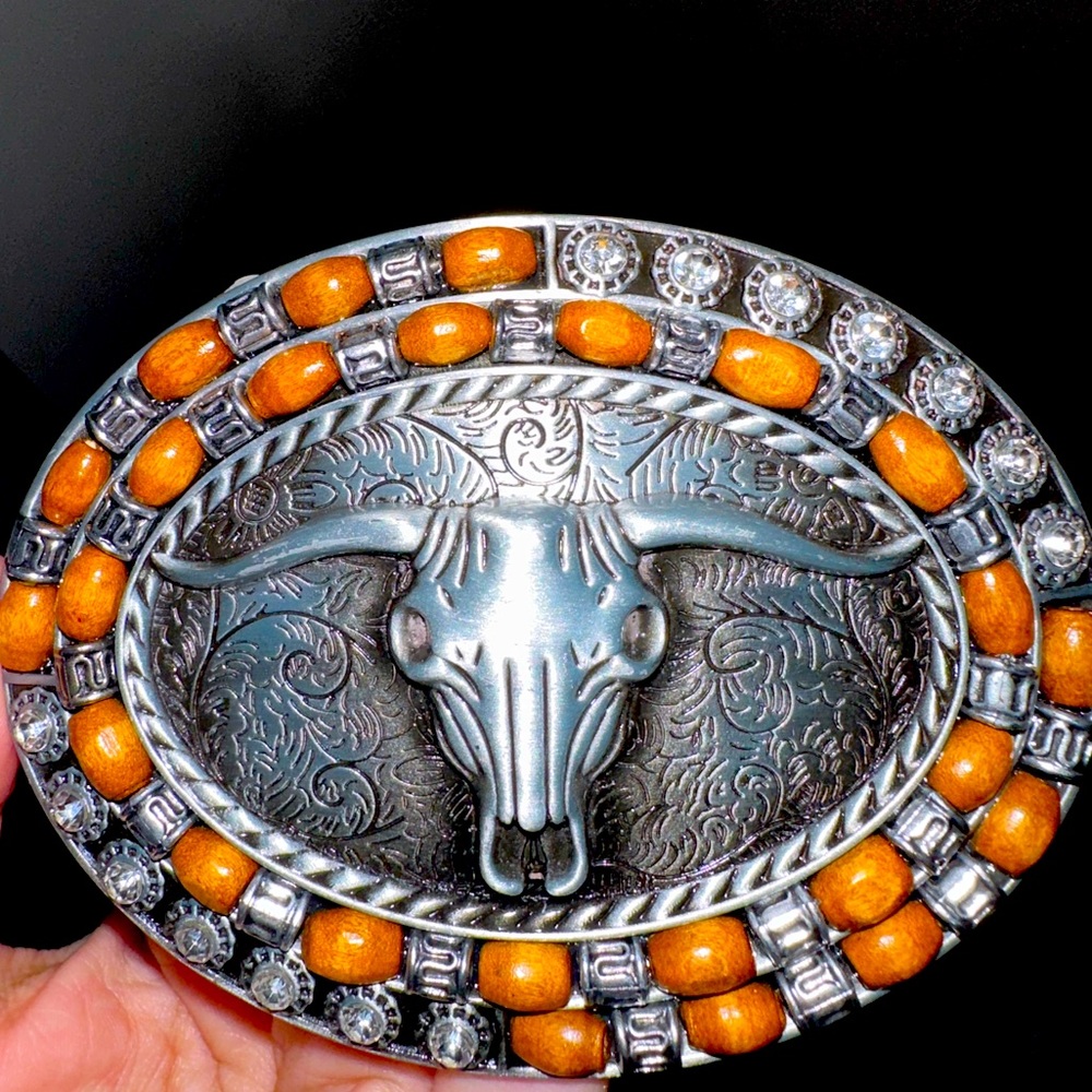 Bull Belt Buckle With Wood & Rhinestones